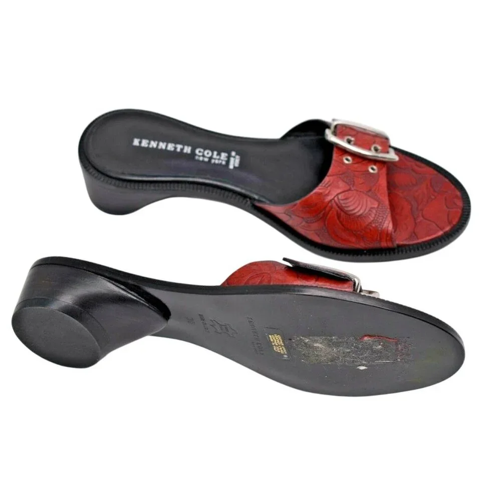 Vintage‎ Kenneth Cole “Flower Child” Red Tooled Leather Slide Sandals sz 6 M